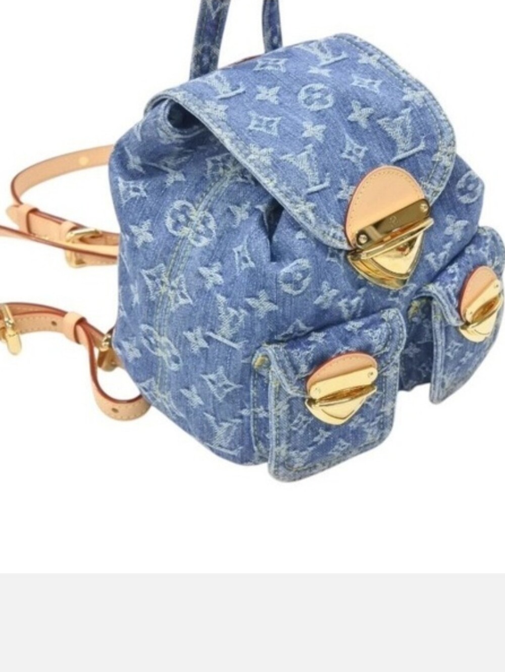 Cotton Remix Blue Monogram Denim Midi Backpack Tan Trim - Picture 7 of 16
